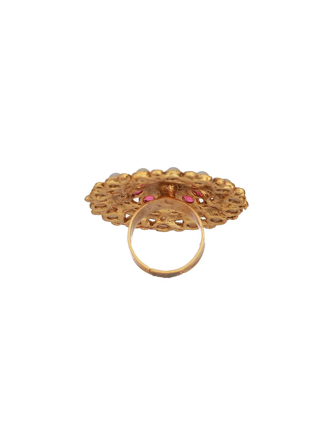 Gold Plated Stone Studded & Beaded Antique Adjustable Finger Ring