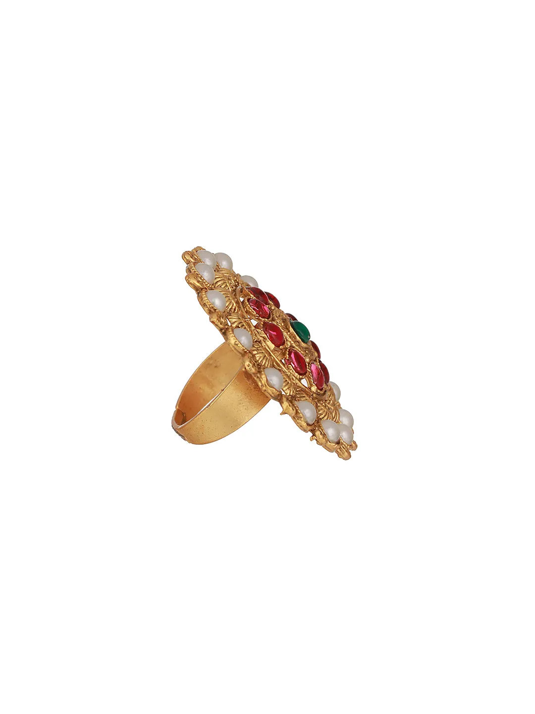 Gold Plated Stone Studded & Beaded Antique Adjustable Finger Ring