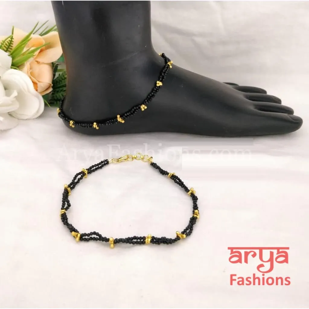 Golden Black Beads Mangalsutra Anklet Pair with CZ Stones