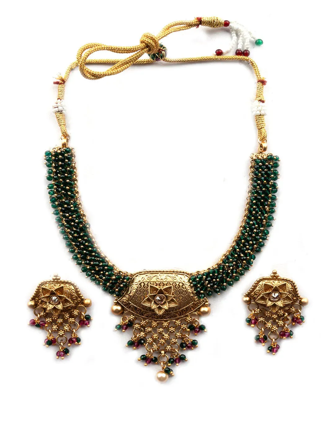 Green Hydra Necklace Set In Dazzling Gold Finish