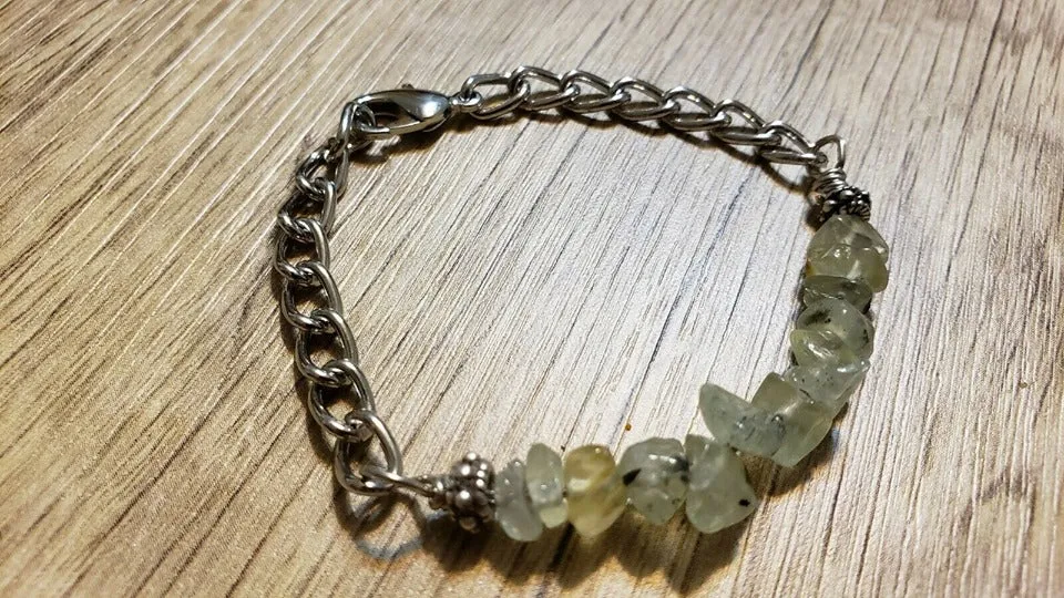 Hand Crafted All Natural Prehnite Gemstone & Chain Adjustable to 6.5" Bracelet with Lobster Claw Clasp