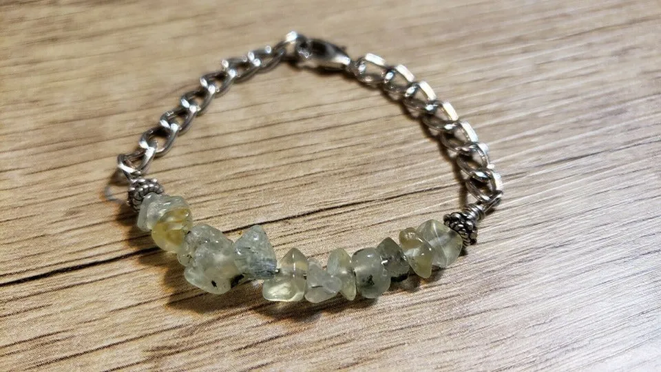 Hand Crafted All Natural Prehnite Gemstone & Chain Adjustable to 6.5" Bracelet with Lobster Claw Clasp