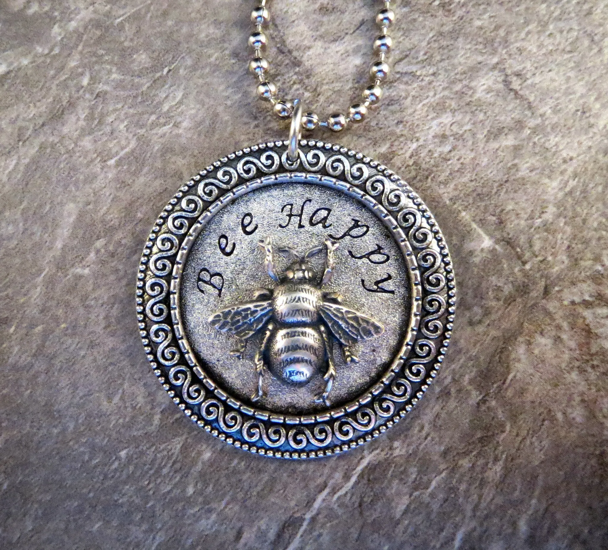 Handmade Hand Stamped Bee Happy Necklace