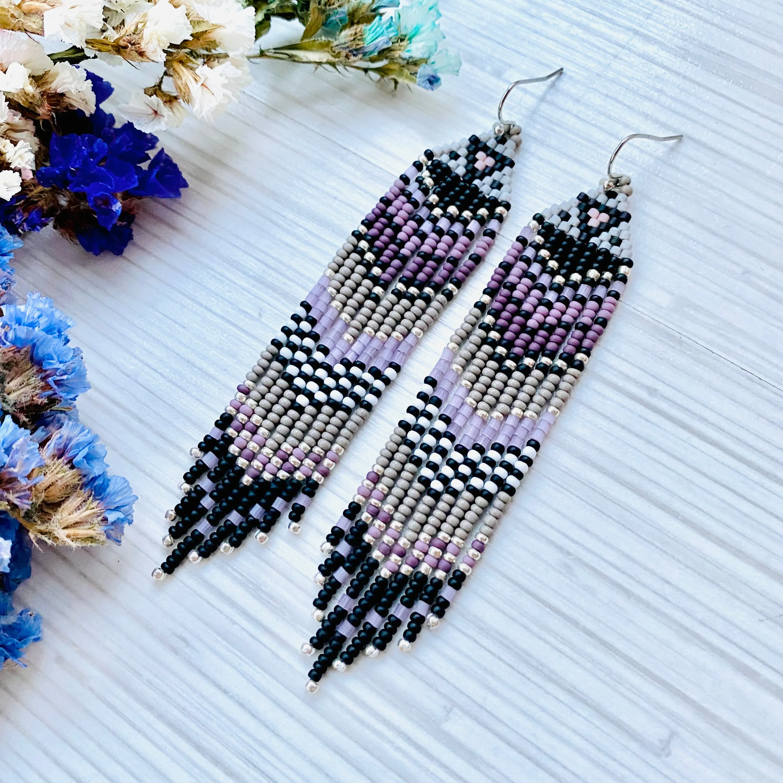 Handmade Long Dangle seed beaded Fringe Chandelier Earrings for Women in hippie boho style.