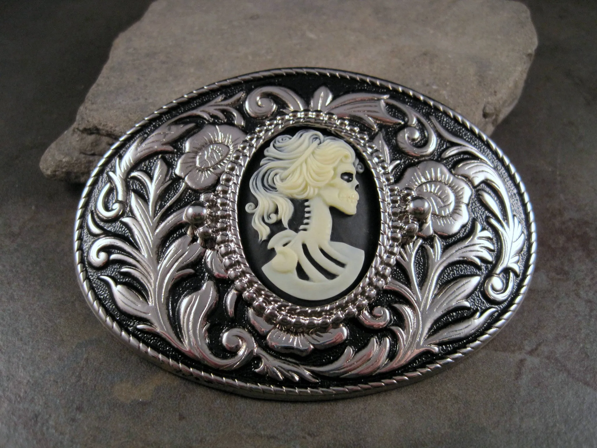 Handmade Silver Day Of The Dead Skeleton Steampunk Belt Buckle