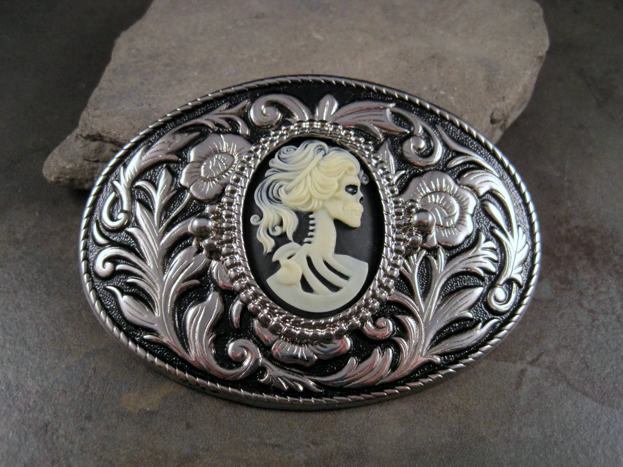 Handmade Silver Day Of The Dead Skeleton Steampunk Belt Buckle