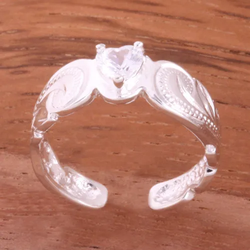 Hawaiian Scroll with Clear Heart CZ Cut Out Edge Toe Ring