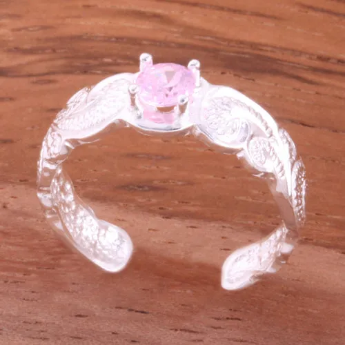 Hawaiian Scroll with Pink Round CZ Cut Out Edge Toe Ring