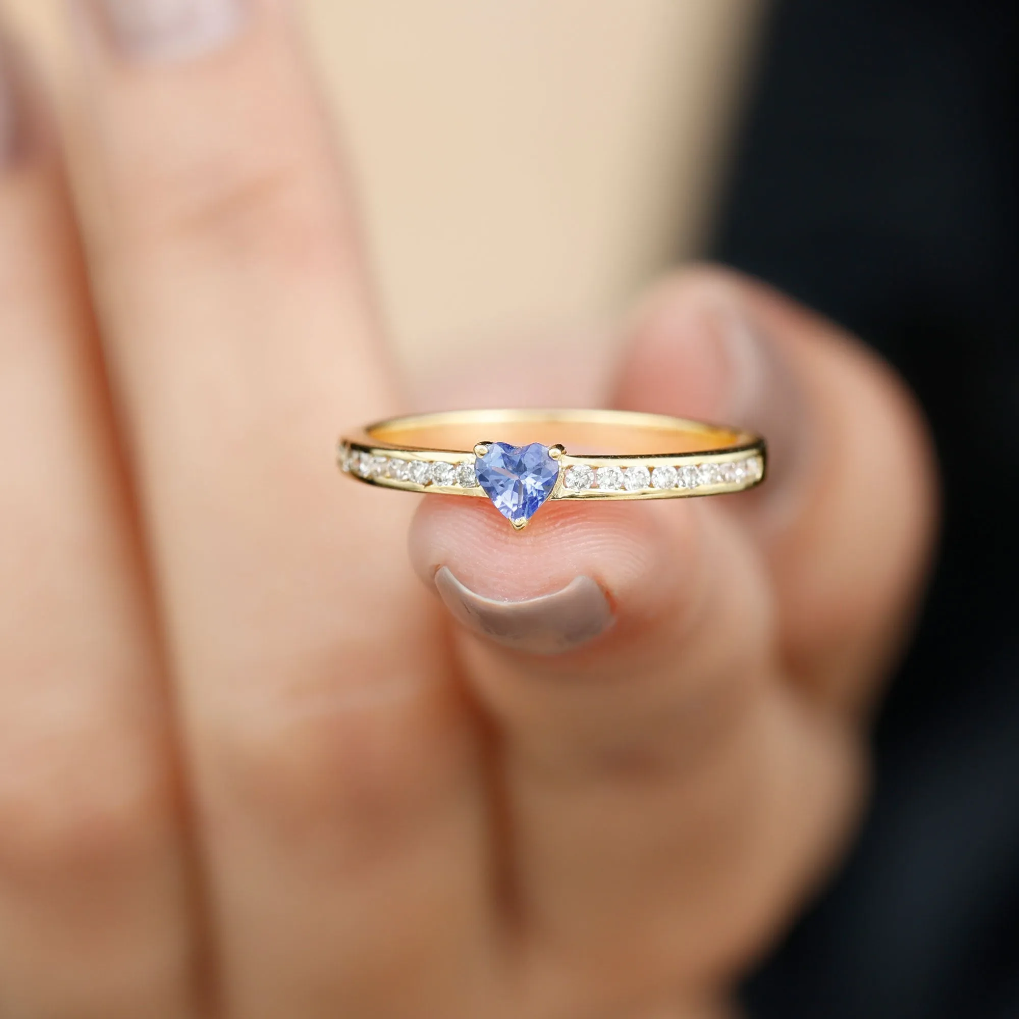 Heart Shape Tanzanite Solitaire Ring with Channel Set Diamond