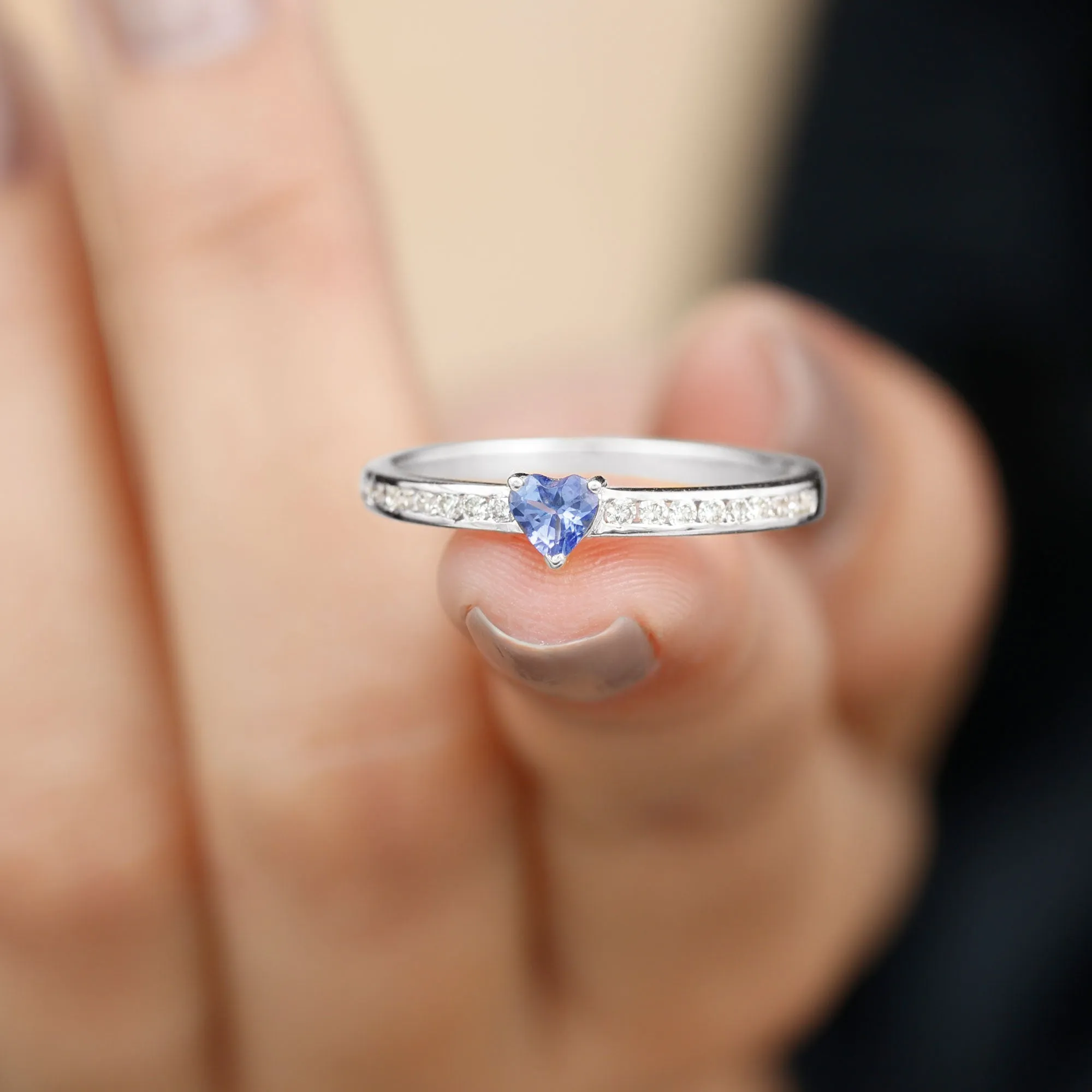 Heart Shape Tanzanite Solitaire Ring with Channel Set Diamond