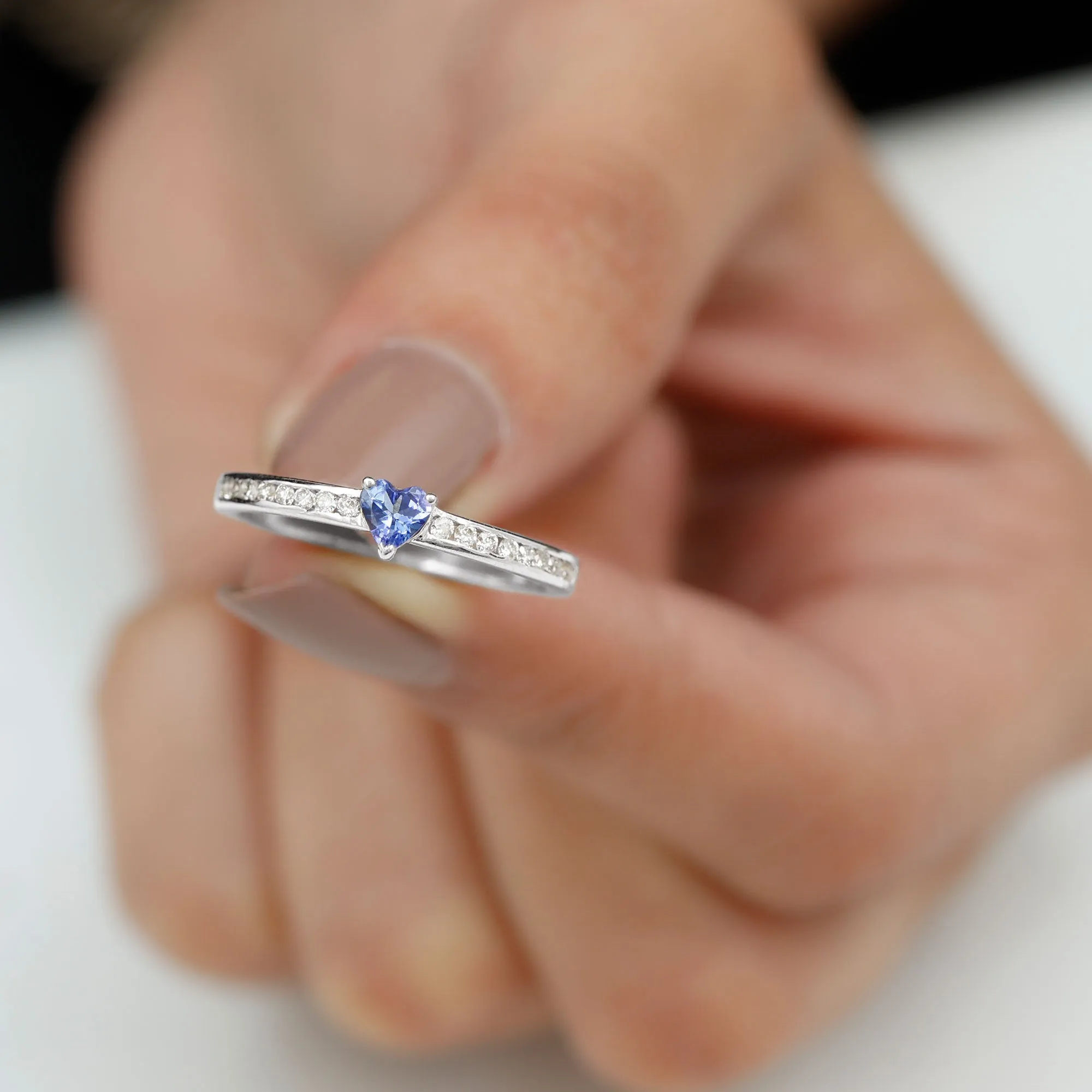 Heart Shape Tanzanite Solitaire Ring with Channel Set Diamond