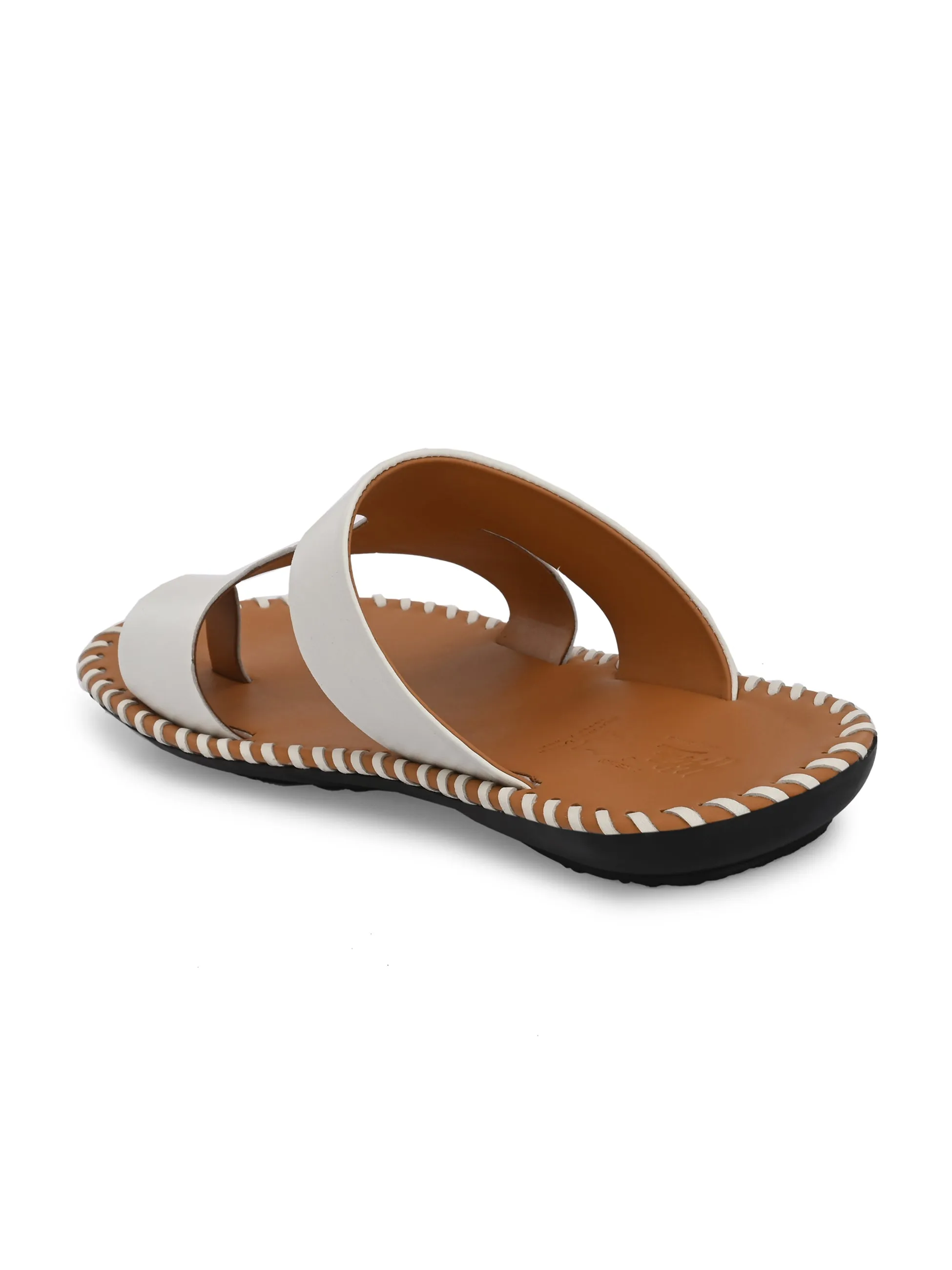 Hitz Men's White Leather Casual Toe-Ring Slippers