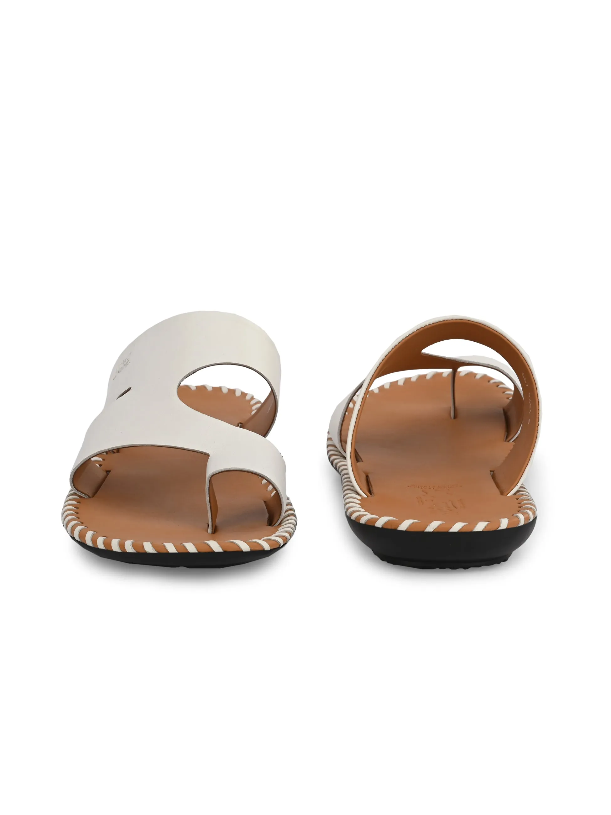 Hitz Men's White Leather Casual Toe-Ring Slippers