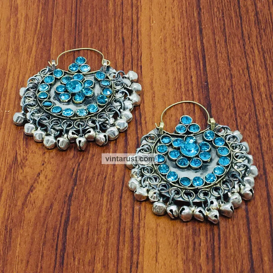 Hoop Earrings Embellished with Bells and Glass Stones