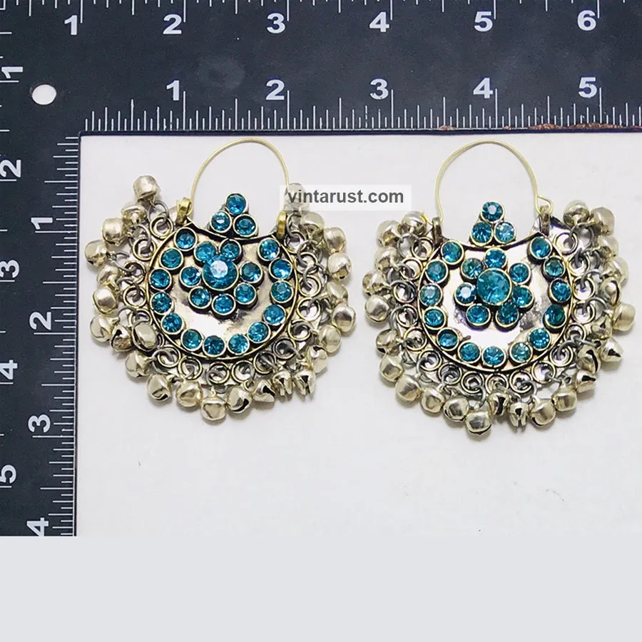 Hoop Earrings Embellished with Bells and Glass Stones