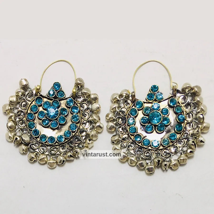 Hoop Earrings Embellished with Bells and Glass Stones