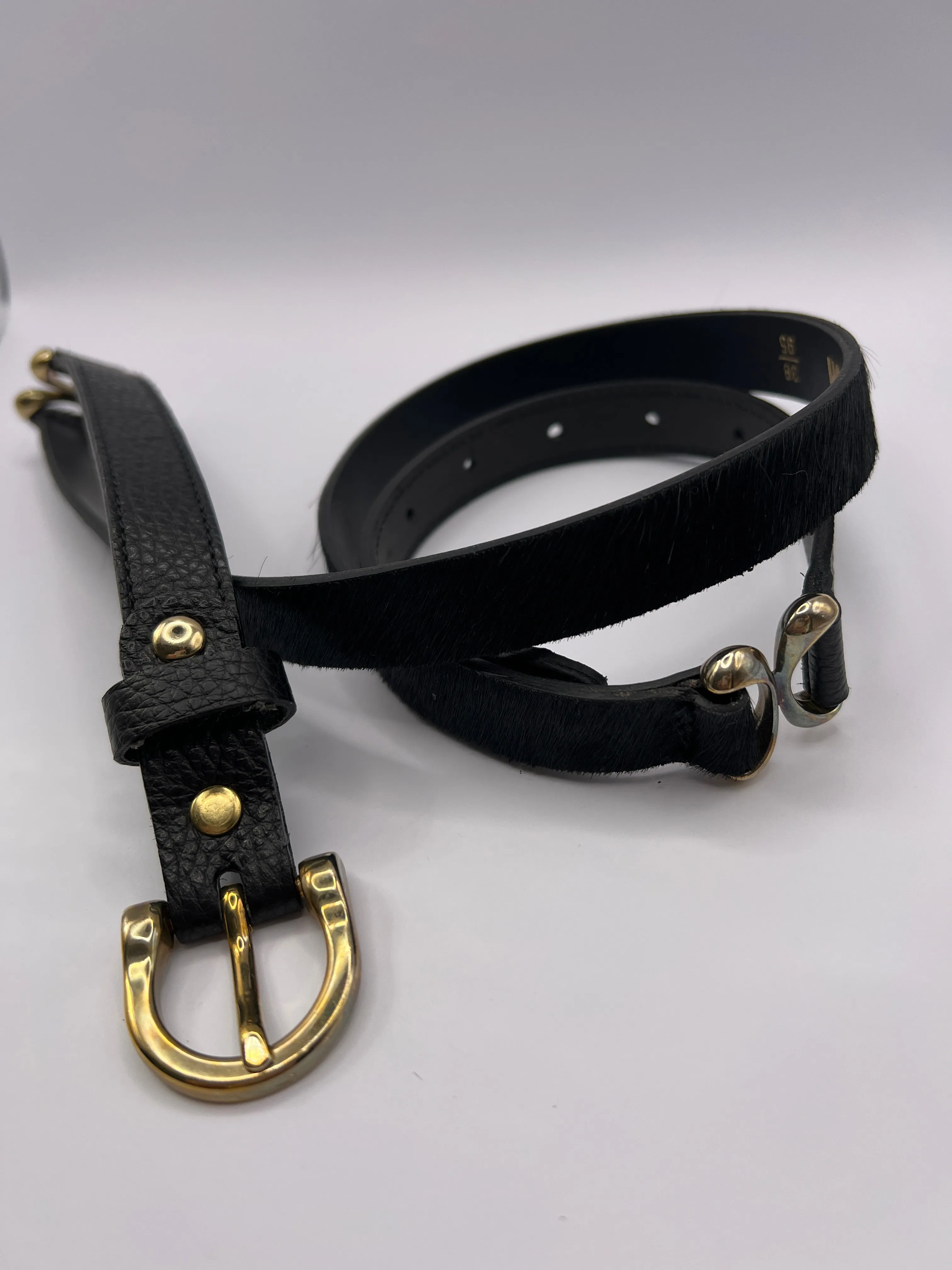 Horsy Black Leather Belt with Gold Adornment