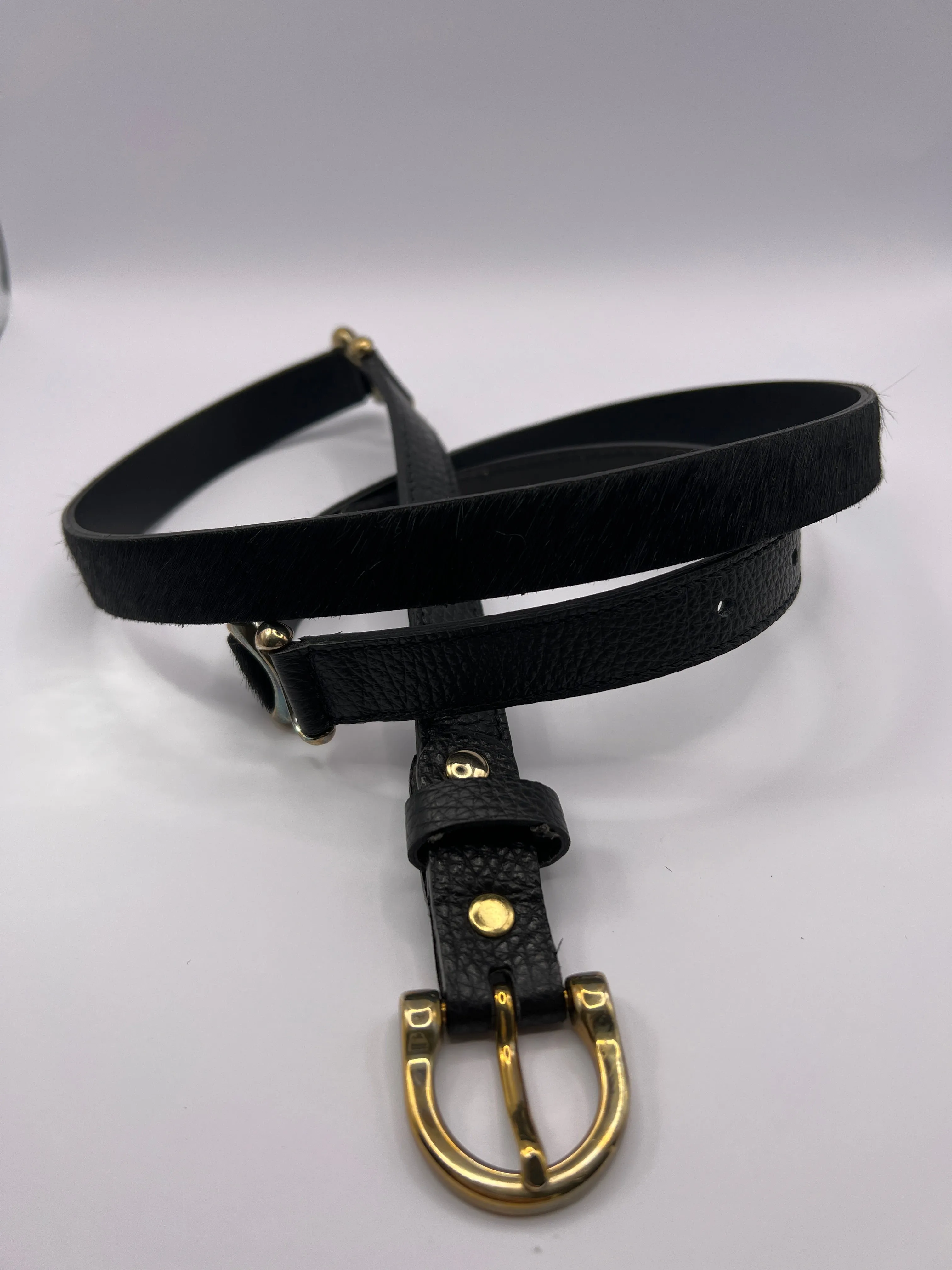 Horsy Black Leather Belt with Gold Adornment