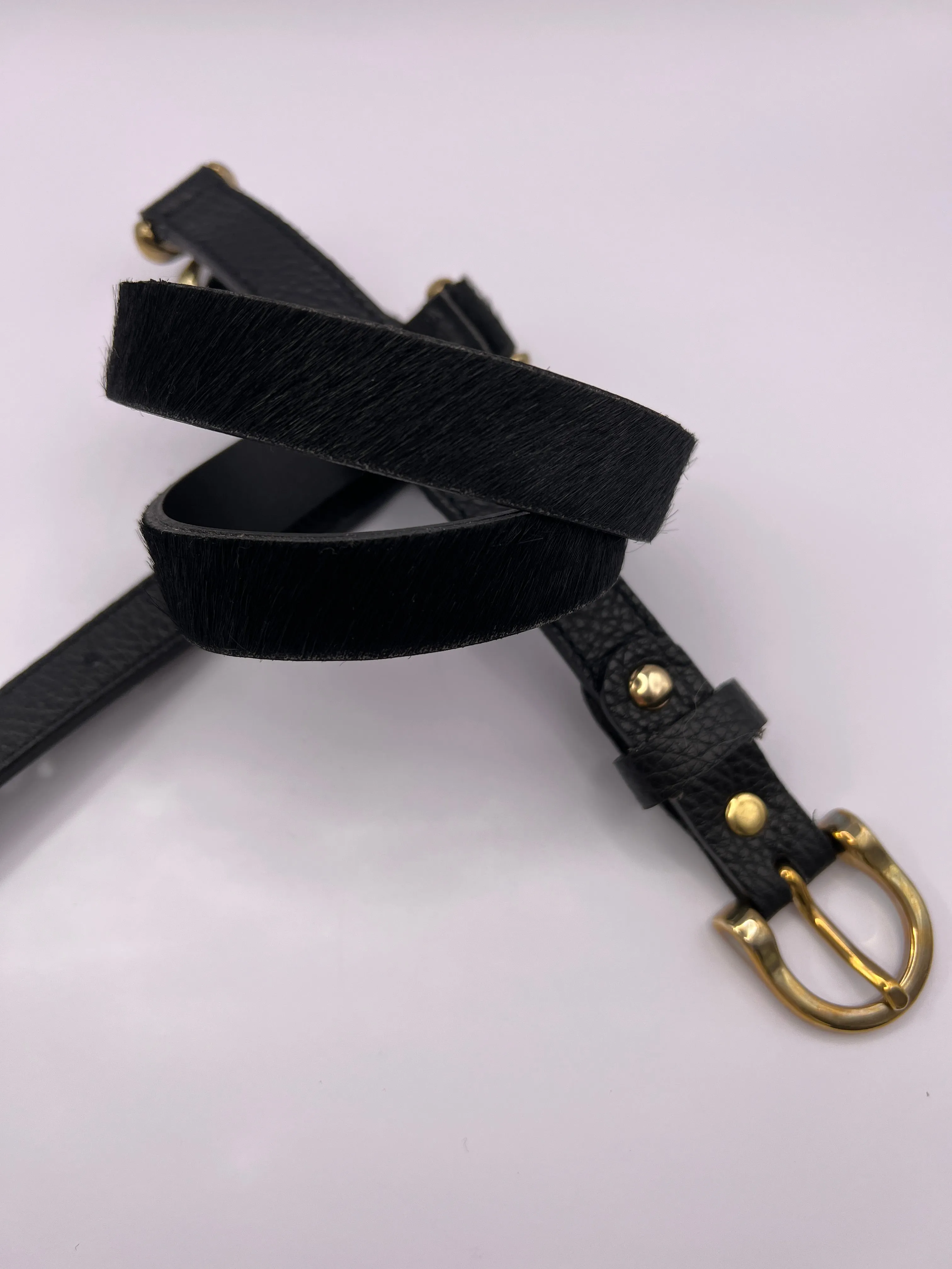 Horsy Black Leather Belt with Gold Adornment