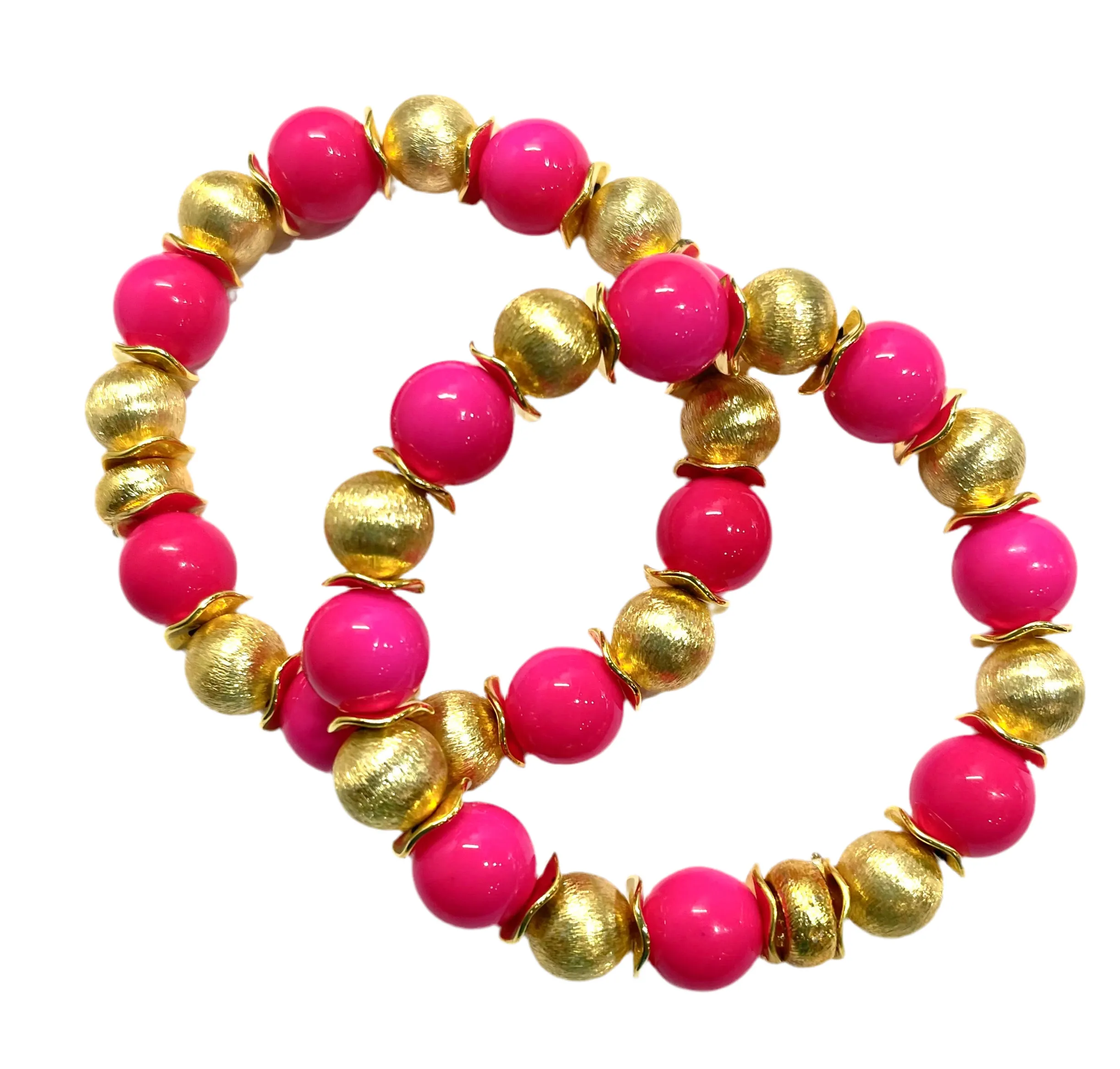 Hot Pink Czech Druks and Brushed Gold Vermeil Beaded Bracelet