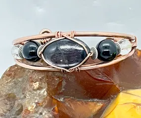 Hypersthene w/Hypersthene and Crystal Quartz Sides Copper Bracelet Wire wrapped Handmade