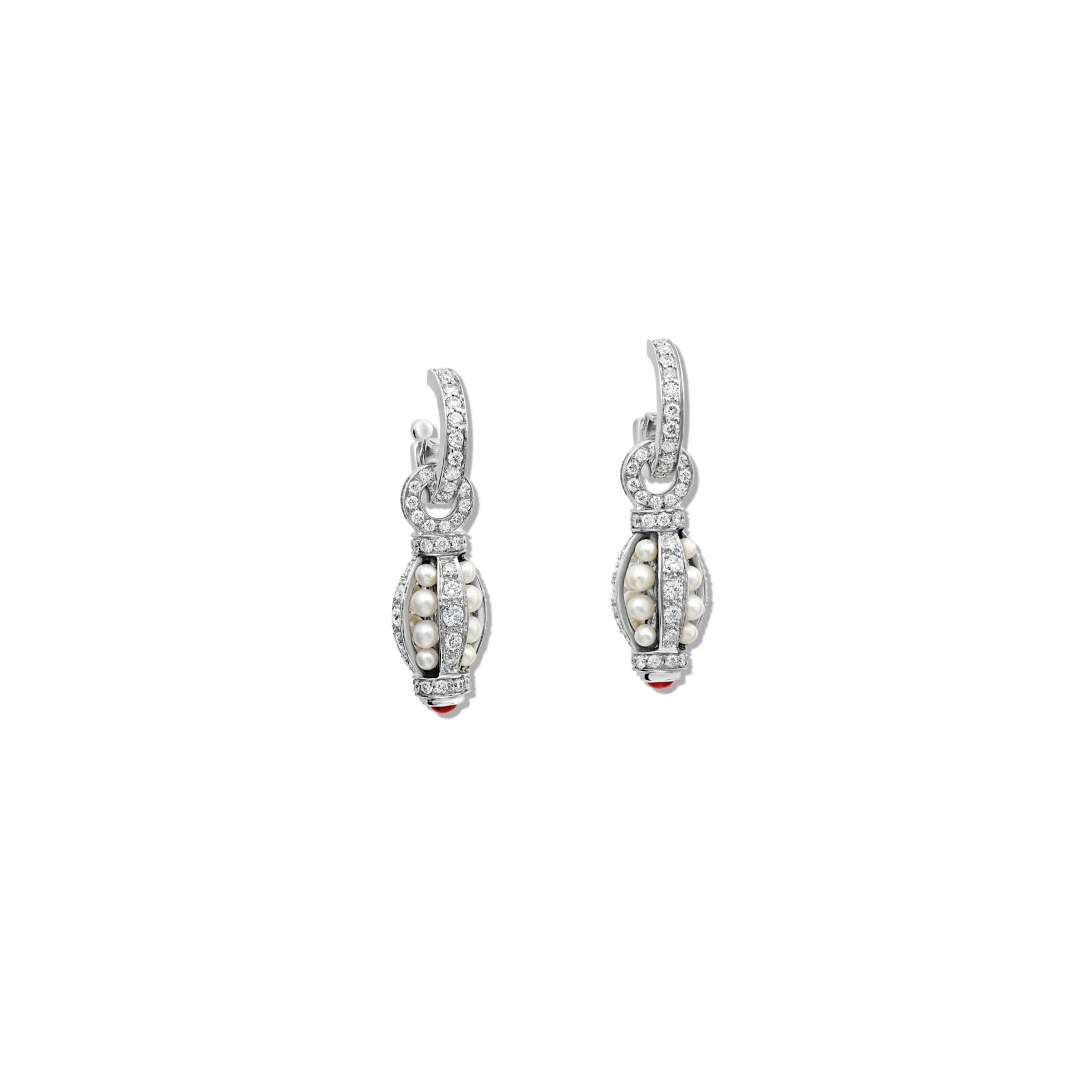 Indira Earring Drops 18ct White Gold - Ruby, Pearl & Diamond