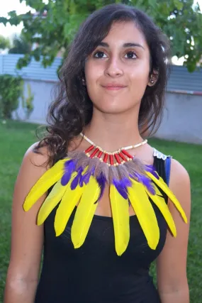 J18- Yellow and purple Feather Necklace