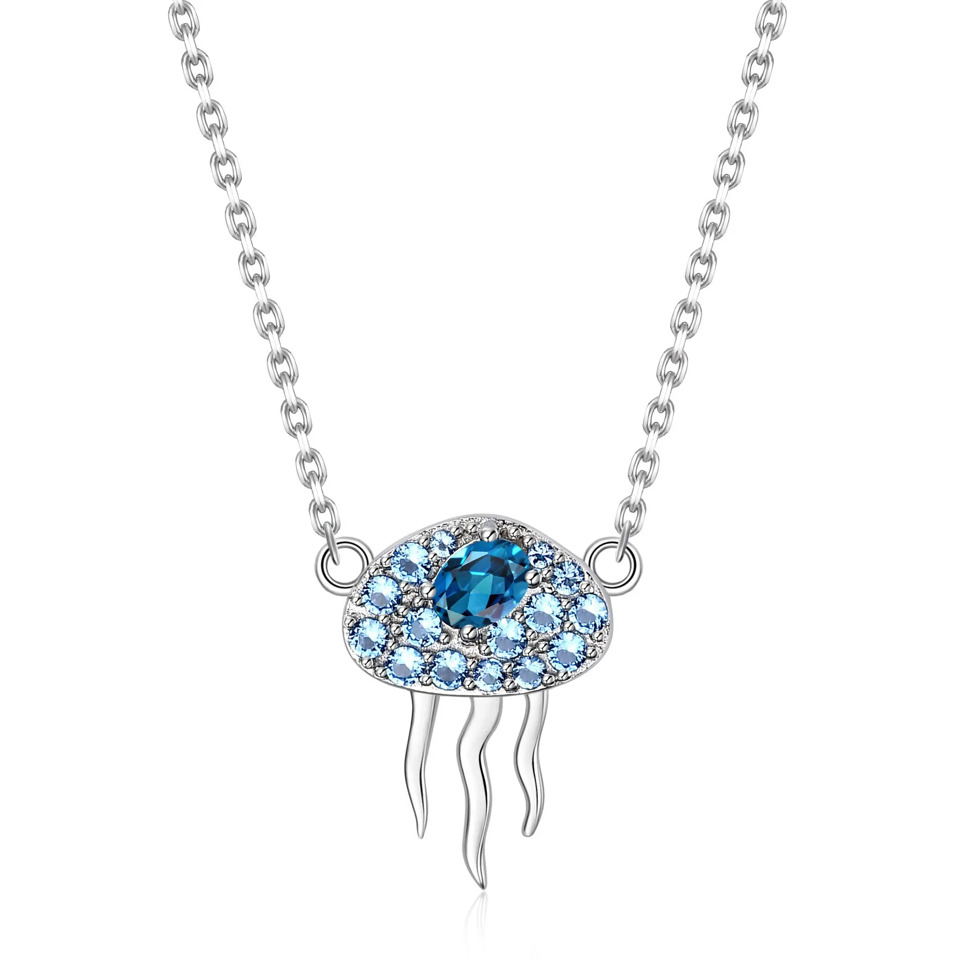 Jellyfish Pendant Natural Blue Topaz Silver Necklace