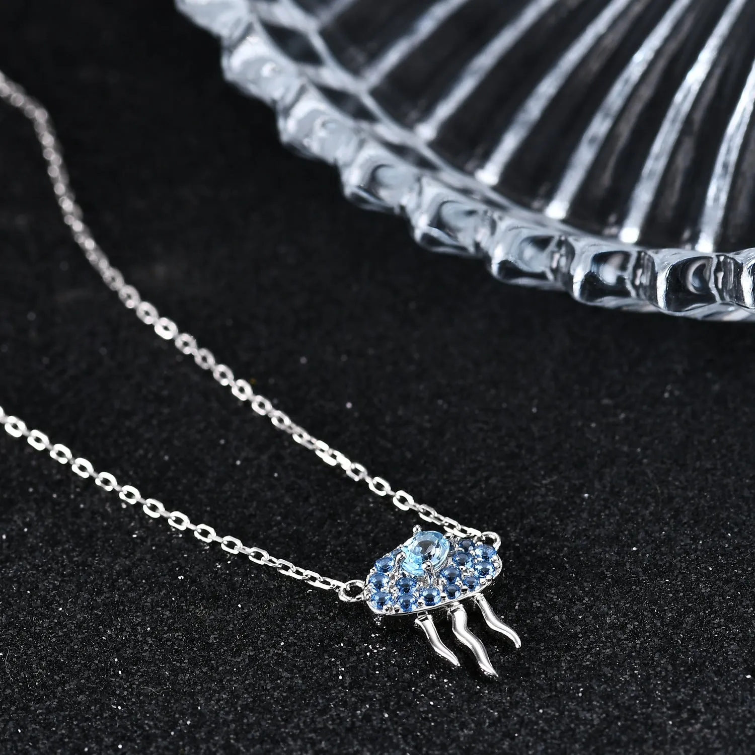 Jellyfish Pendant Natural Blue Topaz Silver Necklace