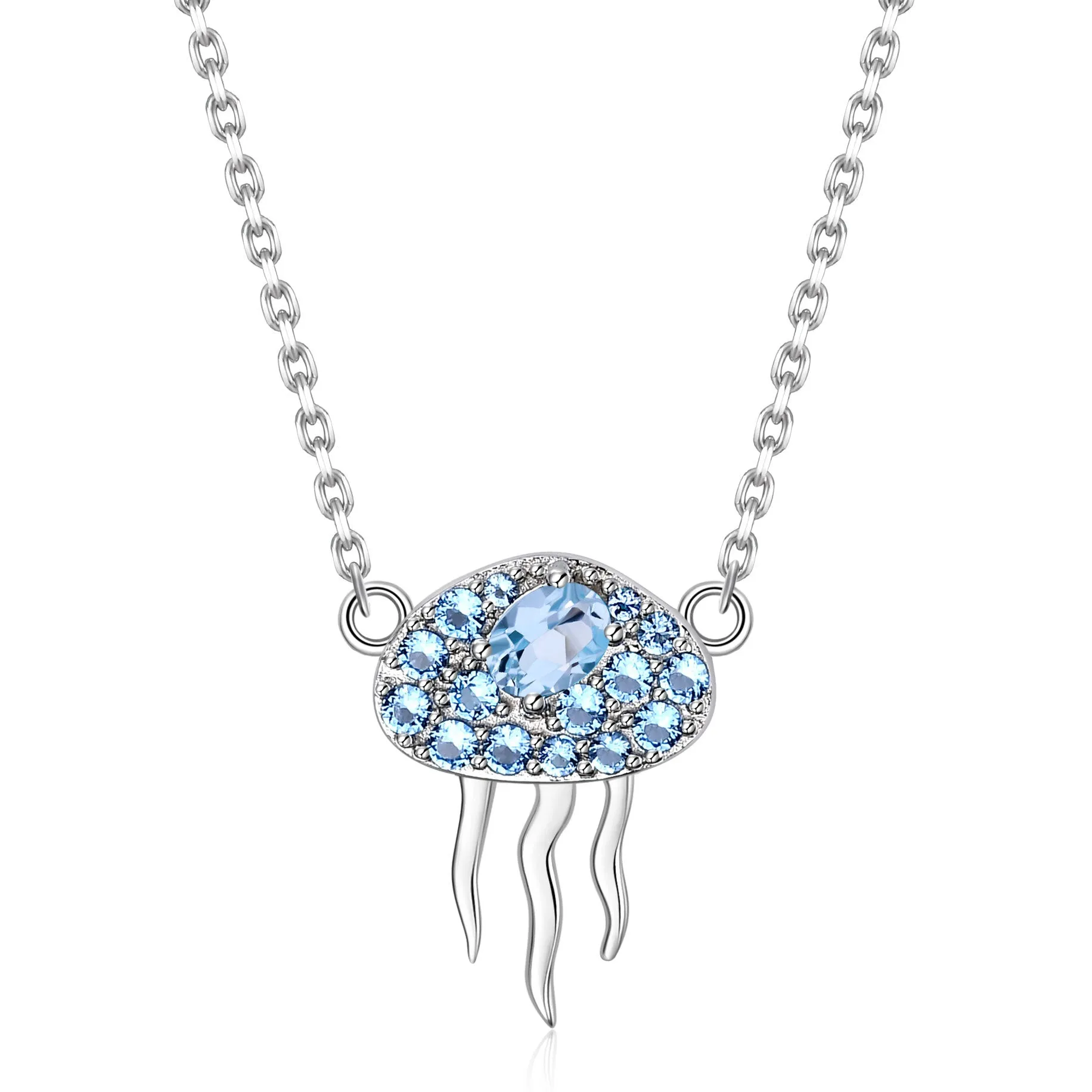 Jellyfish Pendant Natural Blue Topaz Silver Necklace