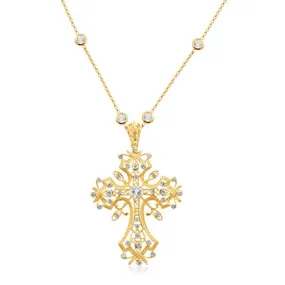 Jewelili 18K Yellow Gold Over Sterling Silver With White Topaz and Round Clear Crystal Cross Pendant Necklace