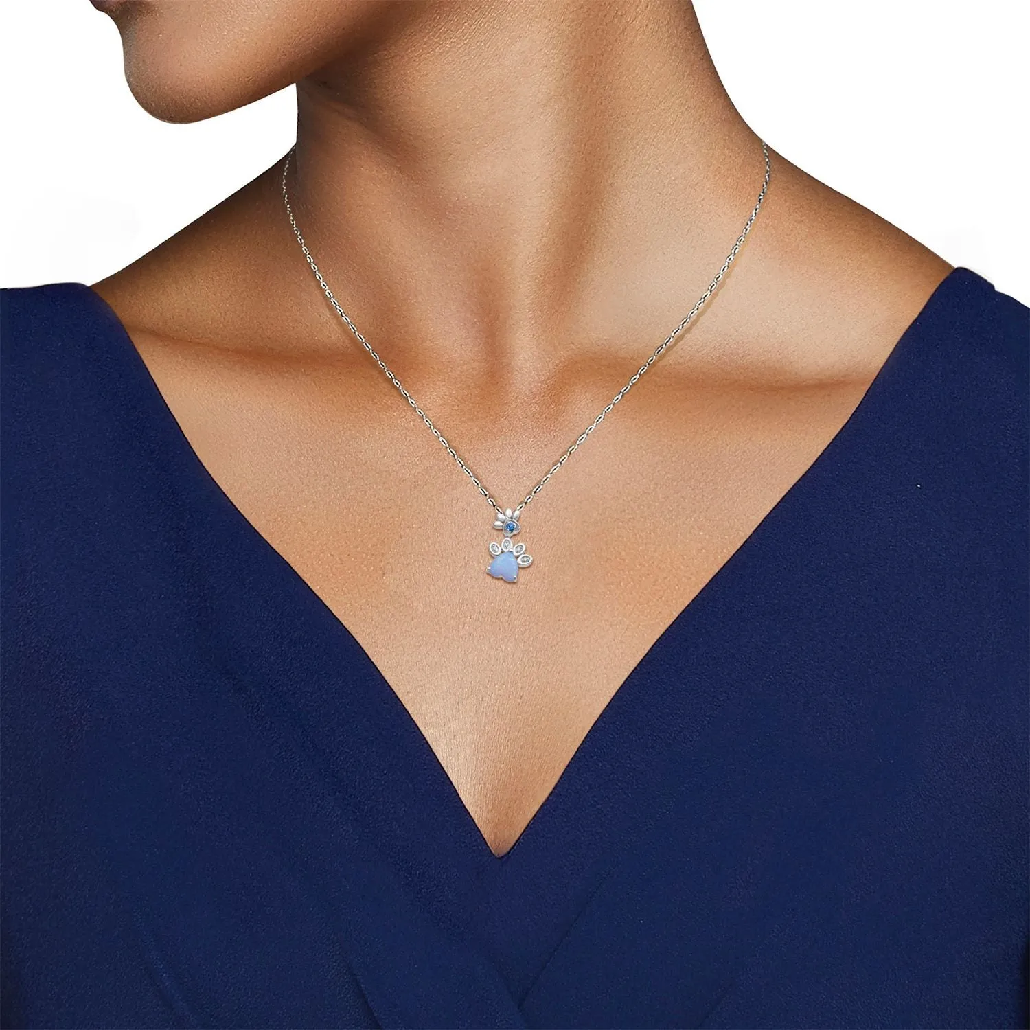 Jewelili Sterling Silver Created Opal With Swiss Blue Topaz and Diamonds Pendant Necklace