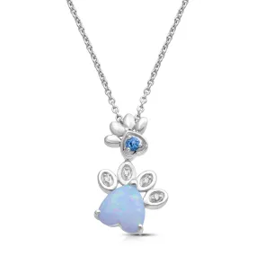 Jewelili Sterling Silver Created Opal With Swiss Blue Topaz and Diamonds Pendant Necklace