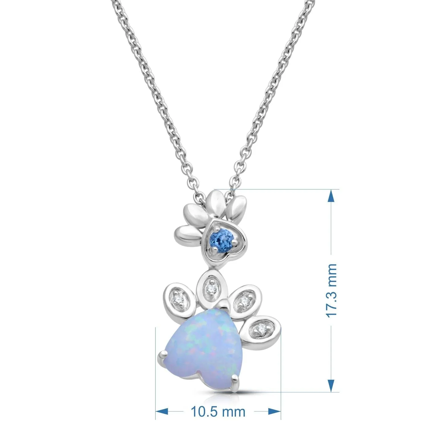 Jewelili Sterling Silver Created Opal With Swiss Blue Topaz and Diamonds Pendant Necklace