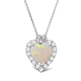 Jewelili Sterling Silver Heart Created Opal with Round Created White Sapphire and Diamonds Pendant Necklace