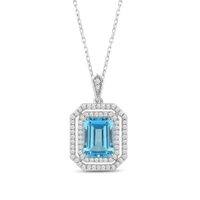 Jewelili Sterling Silver Octagon Cut Swiss Blue Topaz and Round Created White Sapphire Pendant Necklace