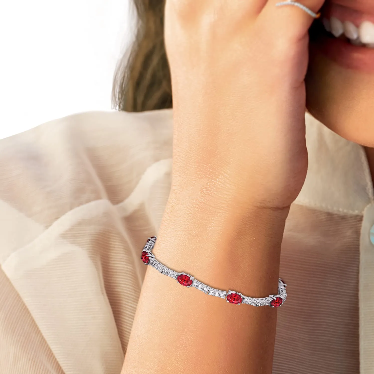 Jewelili Sterling Silver With Created Ruby and Created White Sapphire Bracelet, 7.5"