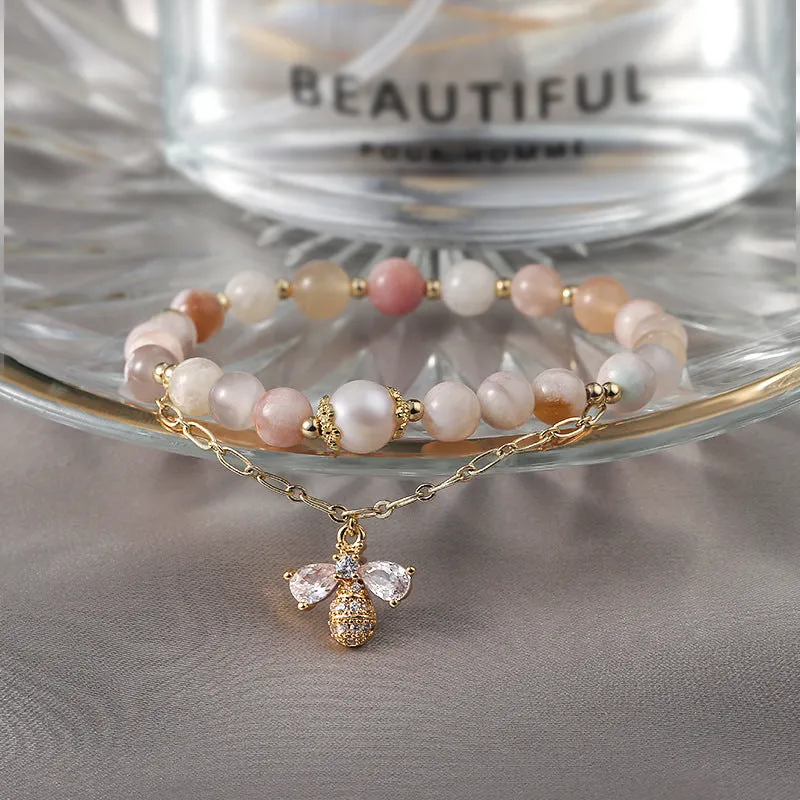 Korean Version Little Bee Crystal and Gemstone Sterling Silver Bracelet