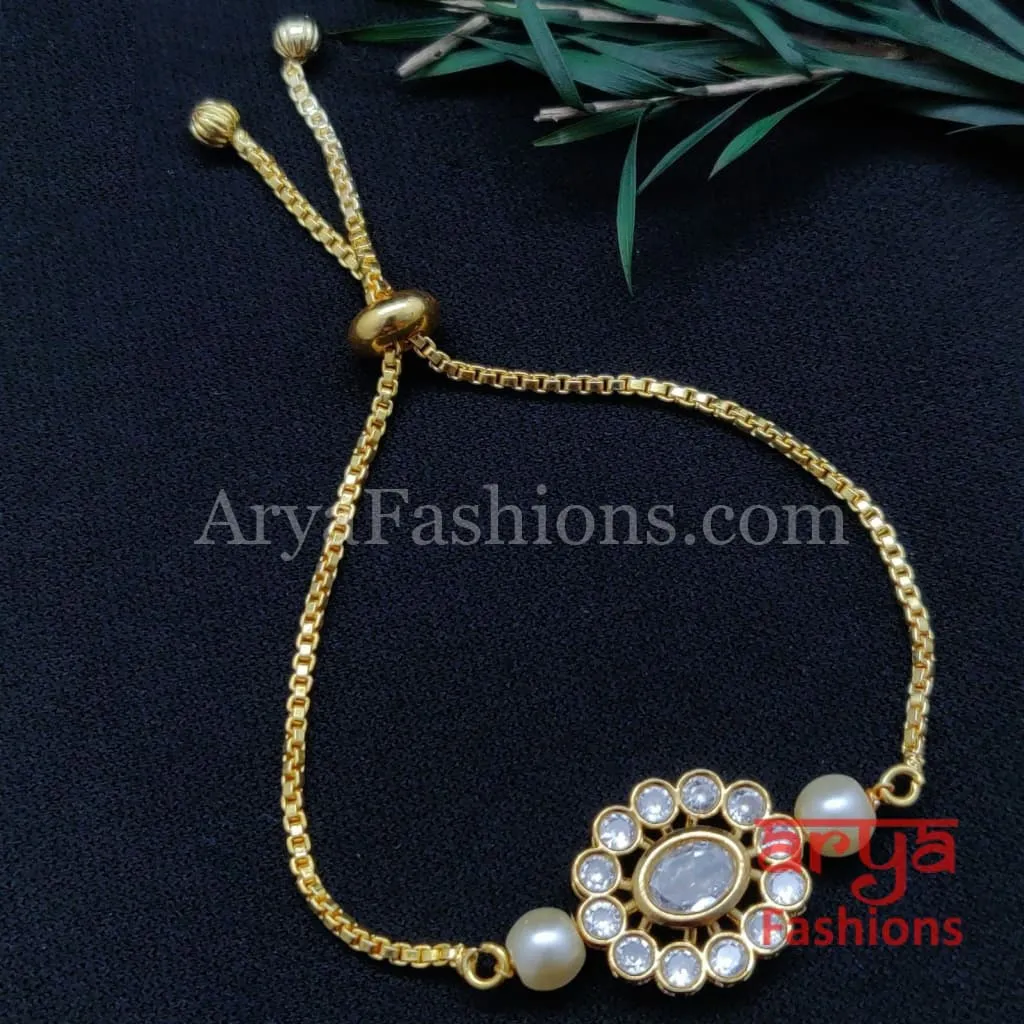 Kundan Pearl Chain Bracelet/ Rajwadi Bracelet/ Kundan Chain Bracelet