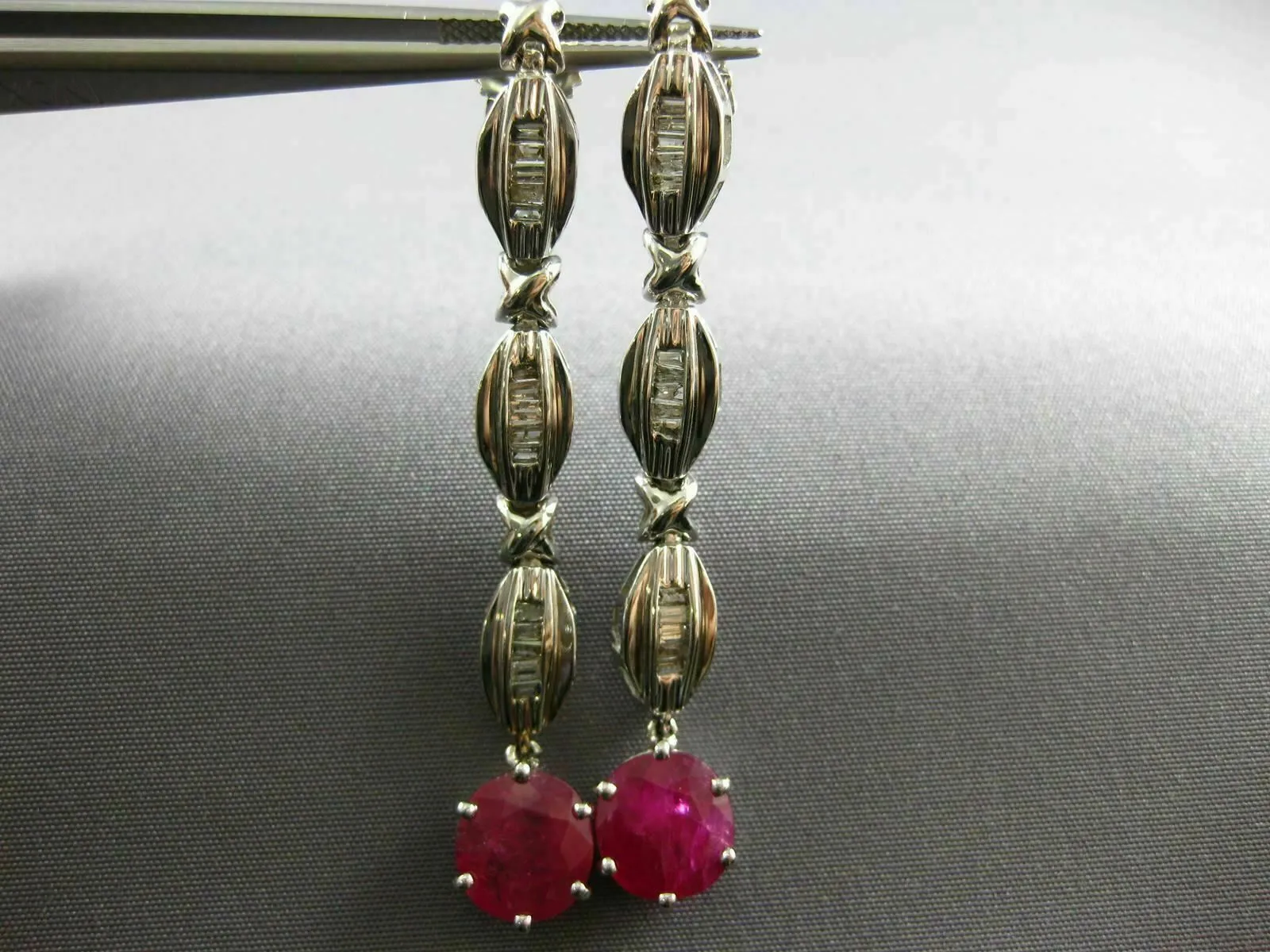 LARGE 4.10CT DIAMOND & AAA RUBY 14K WHITE GOLD OVAL & BAGUETTE HANGING EARRINGS