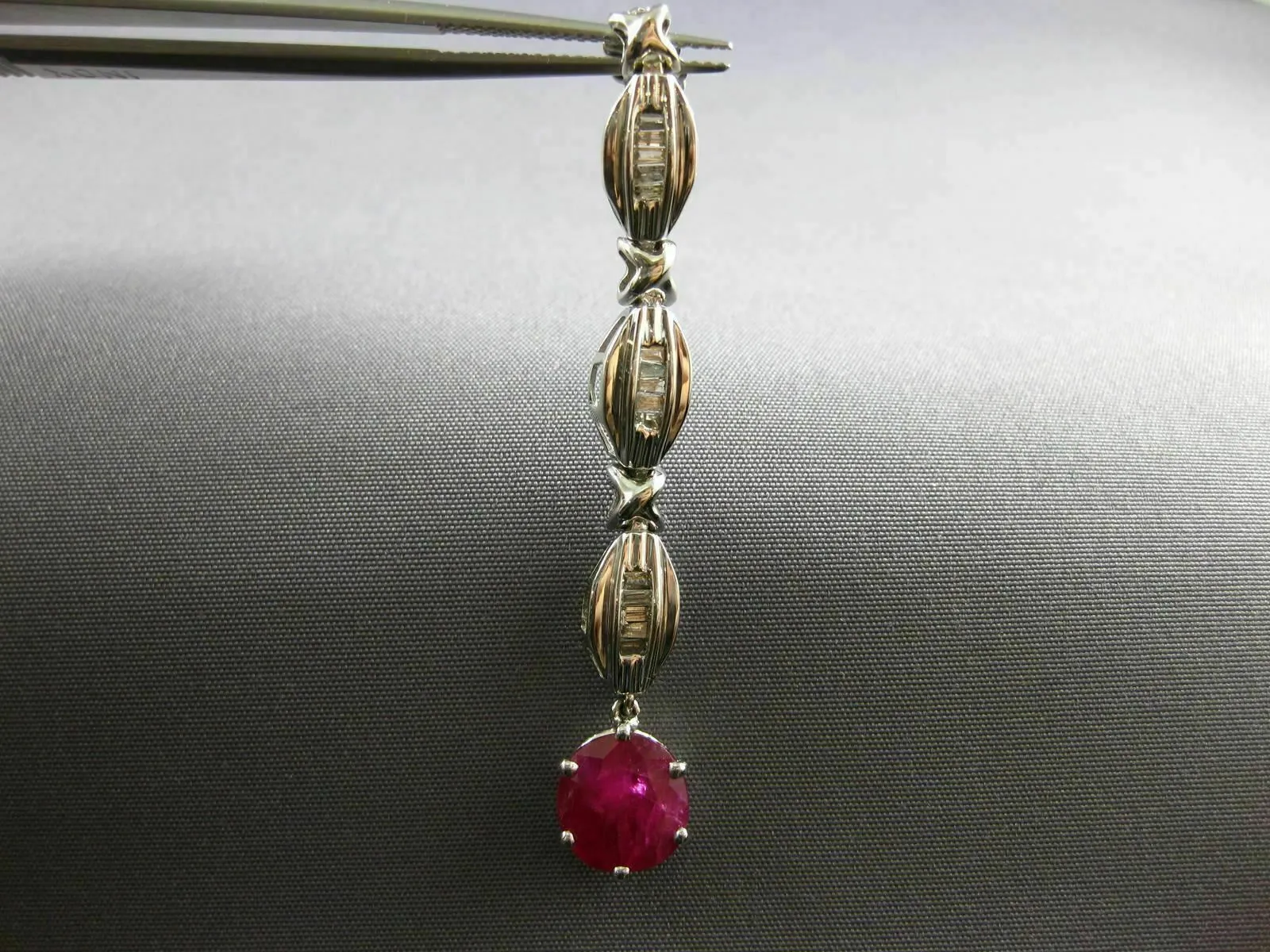 LARGE 4.10CT DIAMOND & AAA RUBY 14K WHITE GOLD OVAL & BAGUETTE HANGING EARRINGS