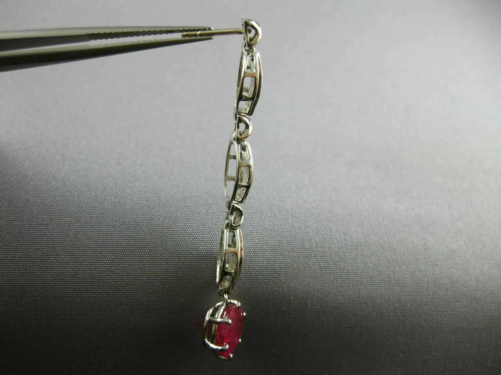 LARGE 4.10CT DIAMOND & AAA RUBY 14K WHITE GOLD OVAL & BAGUETTE HANGING EARRINGS