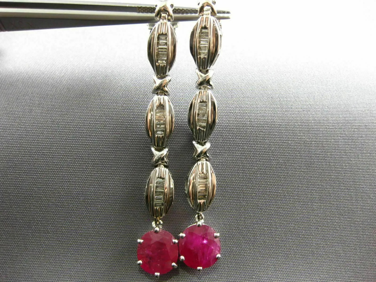 LARGE 4.10CT DIAMOND & AAA RUBY 14K WHITE GOLD OVAL & BAGUETTE HANGING EARRINGS