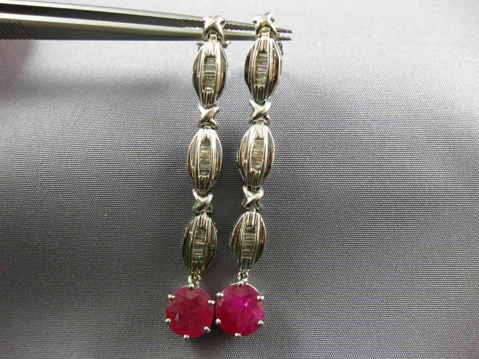 LARGE 4.10CT DIAMOND & AAA RUBY 14K WHITE GOLD OVAL & BAGUETTE HANGING EARRINGS