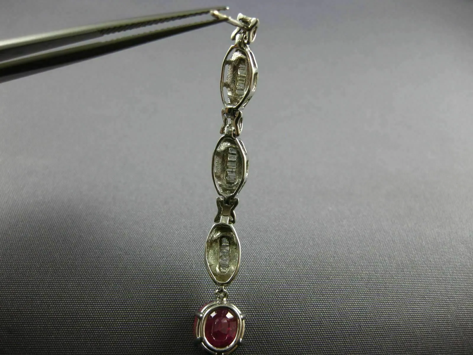 LARGE 4.10CT DIAMOND & AAA RUBY 14K WHITE GOLD OVAL & BAGUETTE HANGING EARRINGS