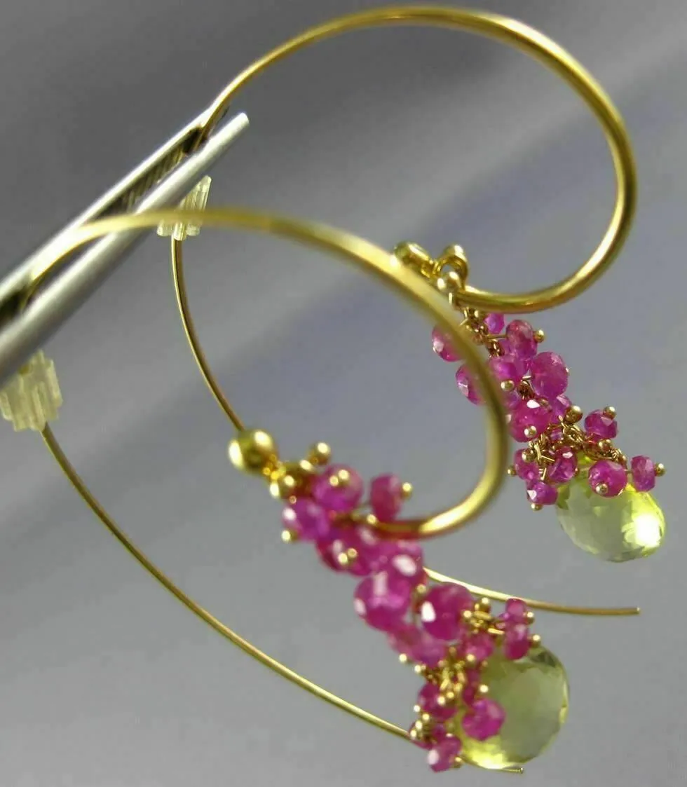 LARGE 8.0CT RUBY & GREEN AMETHYST 14K YELLOW GOLD 3D GRAPE HANGING HOOP EARRINGS