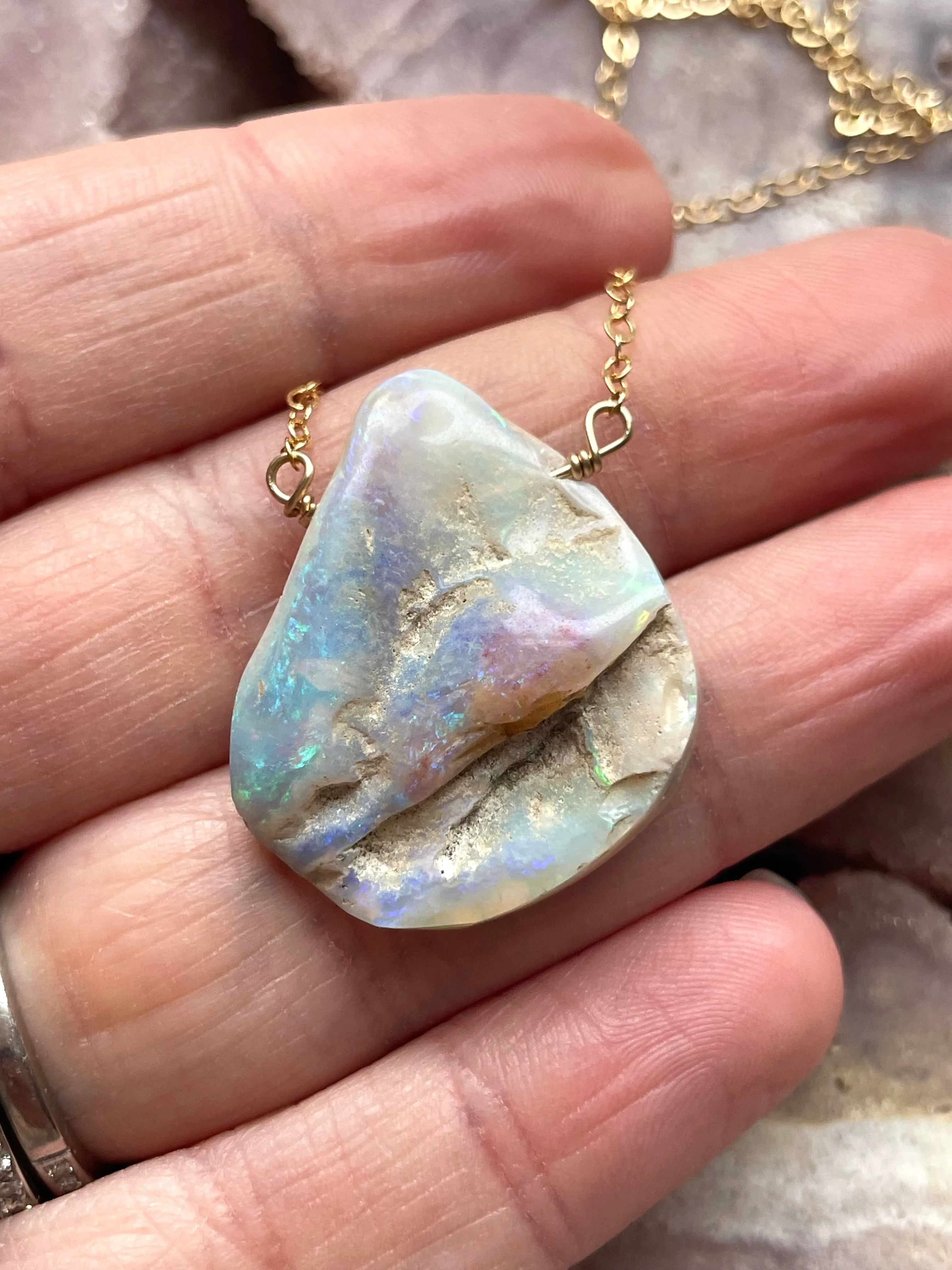 Large Australian Opal Pendant Necklace 14kt Gold Filled