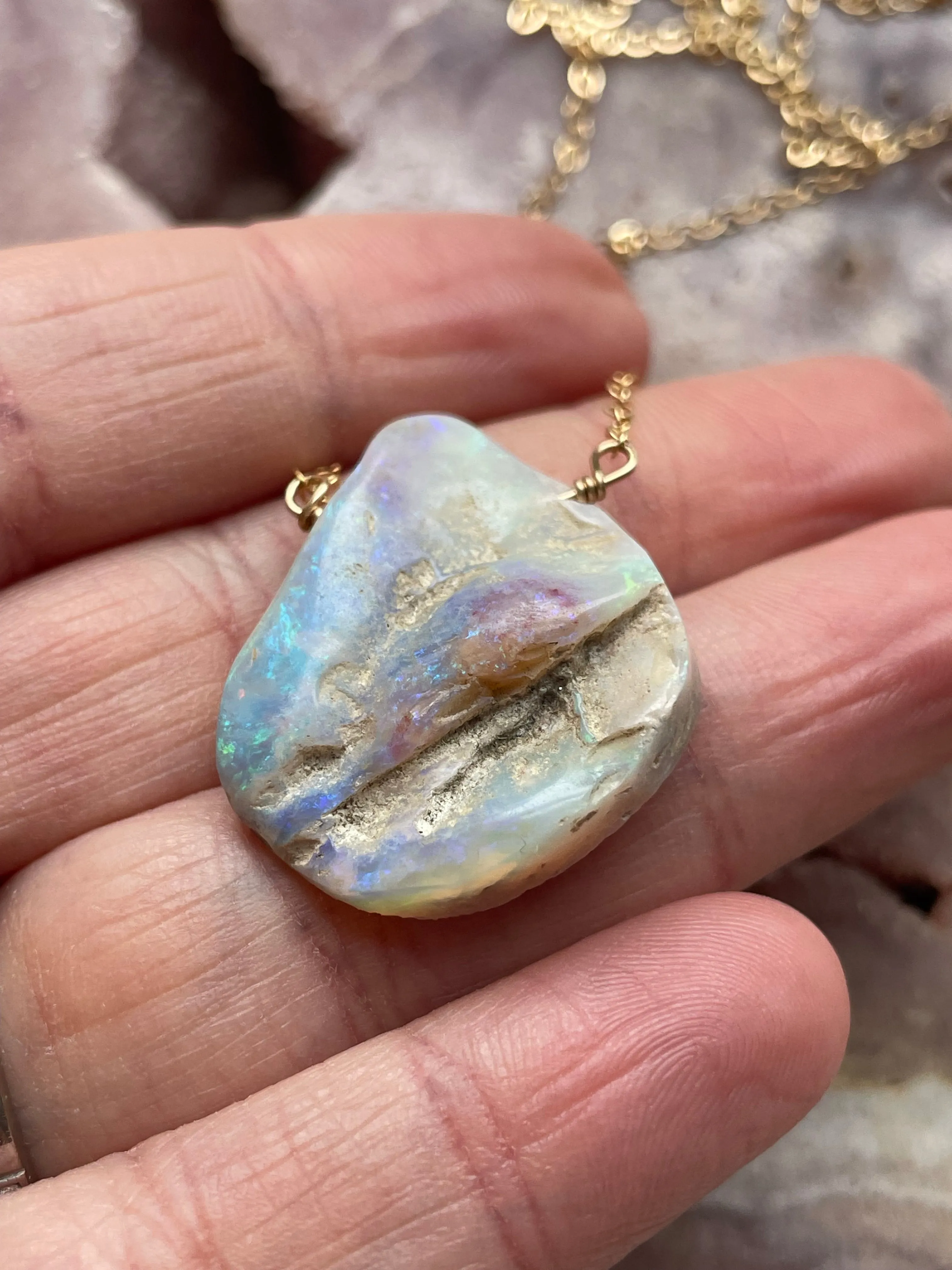 Large Australian Opal Pendant Necklace 14kt Gold Filled