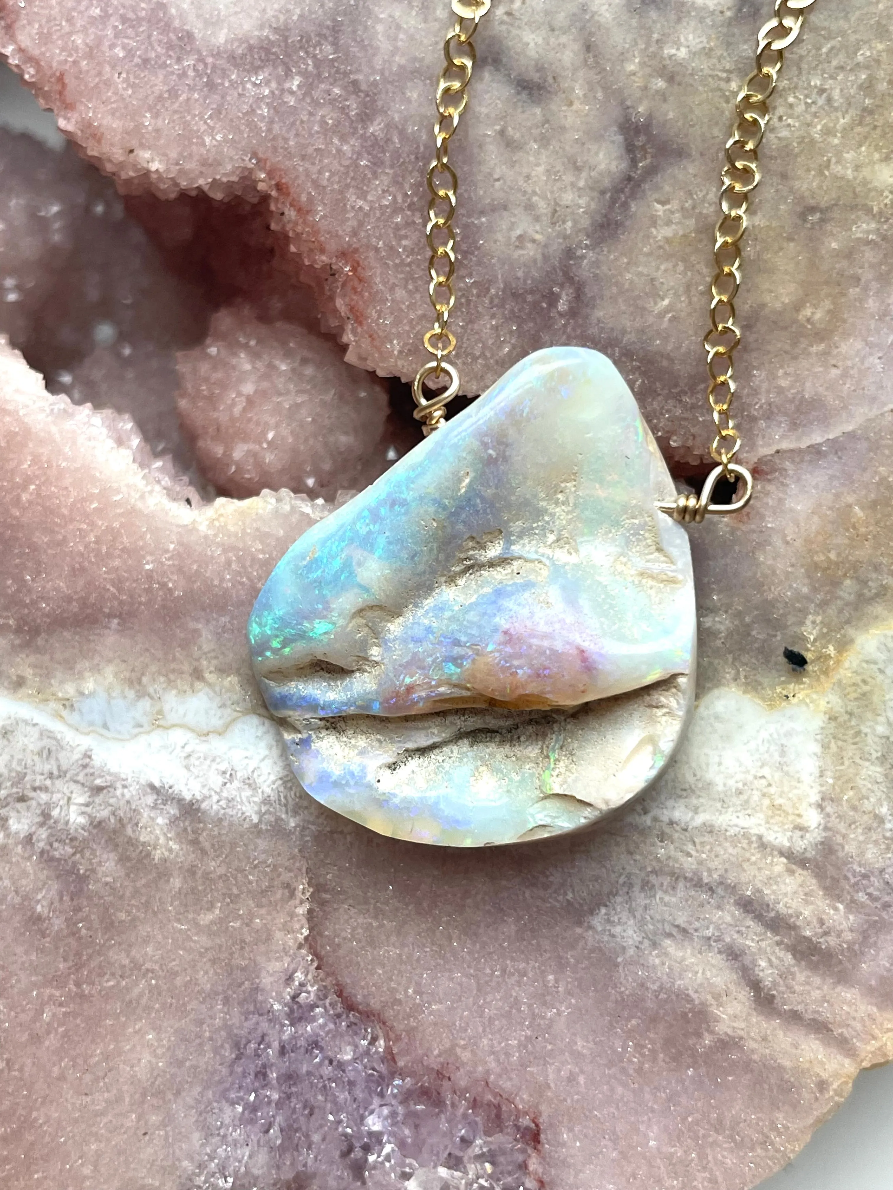 Large Australian Opal Pendant Necklace 14kt Gold Filled