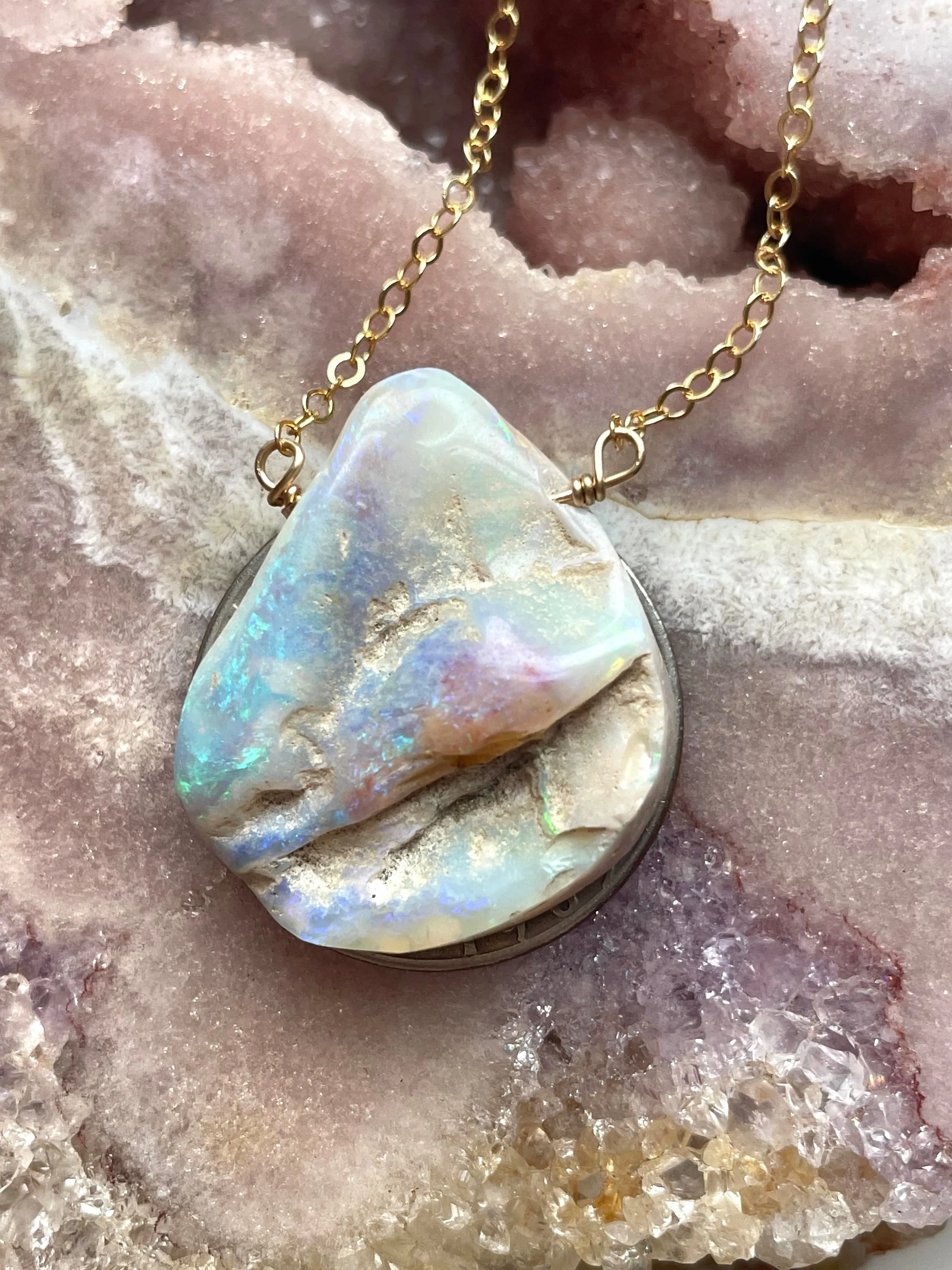 Large Australian Opal Pendant Necklace 14kt Gold Filled